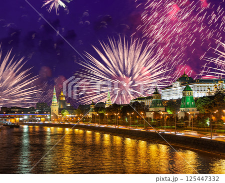 Moscow Kremlin and fireworks in honor of Victory Day celebration (WWII), Moscow, Russia-- the most popular view of Moscow 125447332