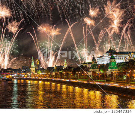 Moscow Kremlin and fireworks in honor of Victory Day celebration (WWII), Moscow, Russia-- the most popular view of Moscow 125447334