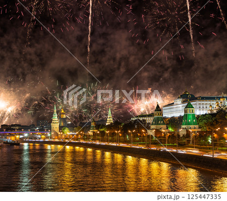 Moscow Kremlin and fireworks in honor of Victory Day celebration (WWII), Moscow, Russia-- the most popular view of Moscow 125447335