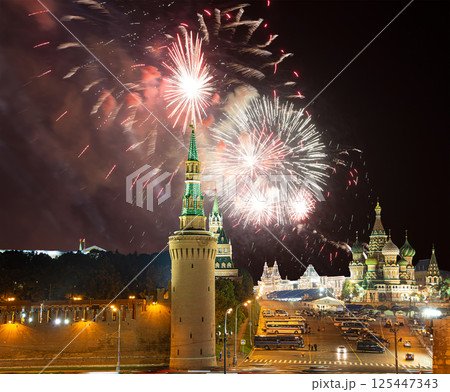 Moscow Kremlin and fireworks in honor of Victory Day celebration (WWII), Moscow, Russia-- the most popular view of Moscow Moscow Kremlin and fireworks in honor of Victory Day celebration (WWII), Moscow, Russia-- the most popular view of Moscow 125447343