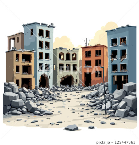 Vsai destroyed city buildings crumbling after war or disaster 125447363