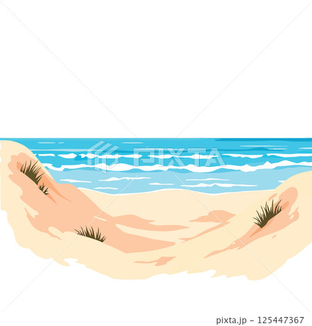 Vsai ocean waves crashing on sandy beach with dunes and grass 125447367
