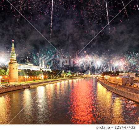 Moscow Kremlin and fireworks in honor of Victory Day celebration (WWII), Moscow, Russia-- the most popular view of Moscow 125447432