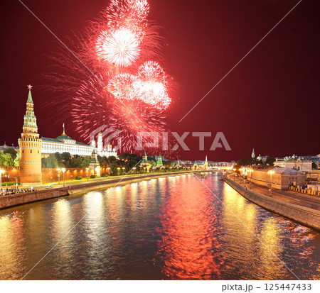 Moscow Kremlin and fireworks in honor of Victory Day celebration (WWII), Moscow, Russia-- the most popular view of Moscow 125447433