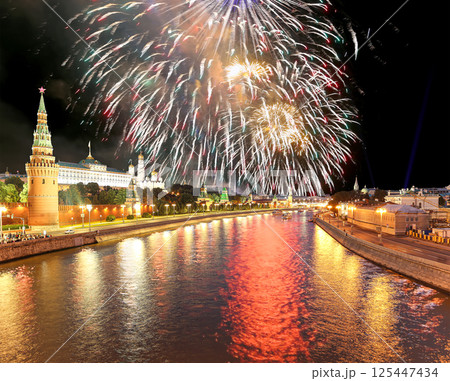 Moscow Kremlin and fireworks in honor of Victory Day celebration (WWII), Moscow, Russia-- the most popular view of Moscow 125447434