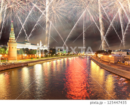 Moscow Kremlin and fireworks in honor of Victory Day celebration (WWII), Moscow, Russia-- the most popular view of Moscow 125447435