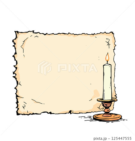 Vsai burning candle illuminating old paper scroll with copy space 125447555