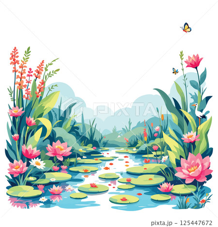 Vsai blooming water lilies and lush vegetation framing serene stream in vibrant landscape 125447672