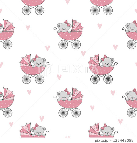 Seamless pattern with cute Teddy bear in stroller. Baby shower girl vector illustration 125448089