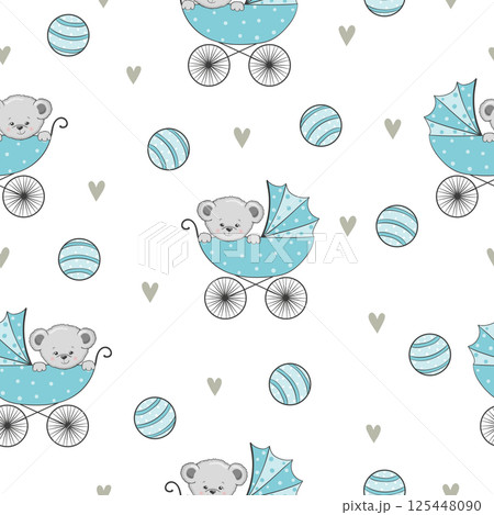 Seamless pattern with cute Teddy bear in stroller. Baby shower boy vector illustration Seamless pattern with cute Teddy bear in stroller. Baby shower boy vector illustration 125448090