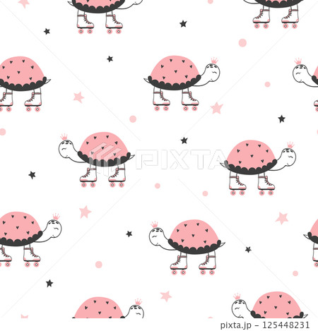 Seamless vector pattern with cartoon skating turtles 125448231