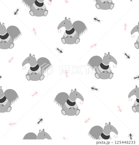 Seamless pattern with cute ant-eater and ants. Baby print with funny animals Seamless pattern with cute ant-eater and ants. Baby print with funny animals 125448233