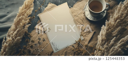 Blank paper card mockup with dried flowers, a cup of tea, and craft paper. 125448353