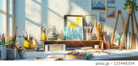 An art studio with a window, art supplies, and paintings on the wall. 125448354