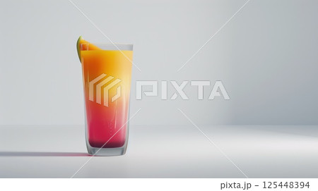 A tall glass of layered yellow and pink cocktail garnished with a mango slice on a white background. A tall glass of layered yellow and pink cocktail garnished with a mango slice on a white background. 125448394