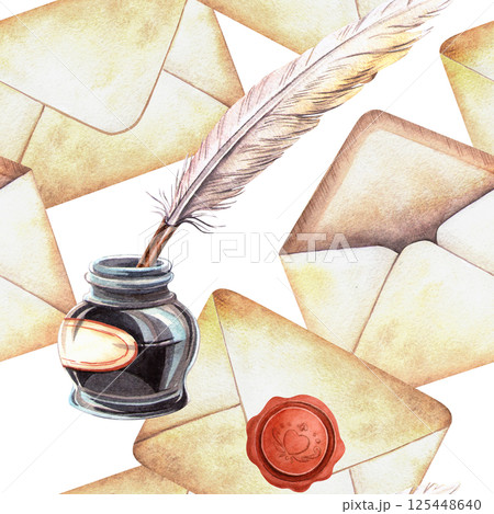 Vintage letters seamless pattern with antique inkwell, quill Watercolor background of retro stationary with old envelopes. Perfect for literary or poetry arrangement, romantic wrapping, elegant fabric Vintage letters seamless pattern with antique inkwell, quill Watercolor background of retro stationary with old envelopes. Perfect for literary or poetry arrangement, romantic wrapping, elegant fabric 125448640