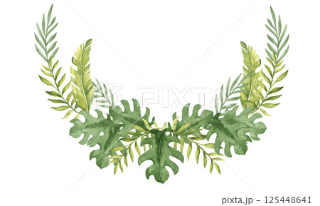 Eucalyptus, Banana Palm and Monstera Watercolor greenery. Tropical Leaves Wreath, Composition. Hand drawn floral illustration isolated on white background. For cards, invitations, and prints. 125448641