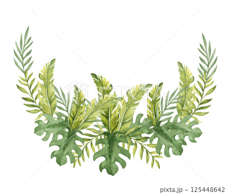 Tropical Leaves Wreath, Composition. Eucalyptus, Banana Palm and Monstera. Watercolor greenery. Hand drawn botanical illustration isolated on white background. For cards, invitations, and prints. 125448642