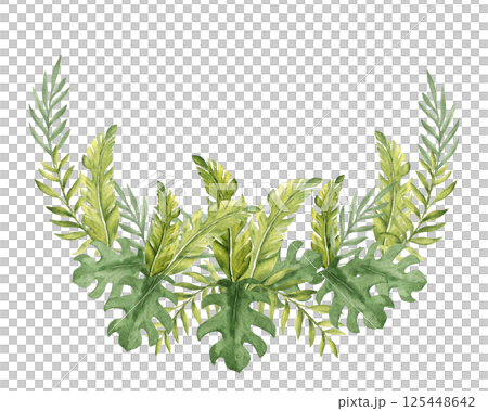 Tropical Leaves Wreath, Composition. Eucalyptus, Banana Palm and Monstera. Watercolor greenery. Hand drawn botanical illustration isolated on white background. For cards, invitations, and prints. 125448642