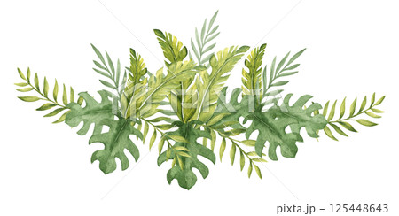 Tropical Leaves horizontal Composition. Eucalyptus, Banana Palm and Monstera Watercolor Bouquet. Hand drawn botanical illustration isolated on white background. For cards, invitations, posters and 125448643