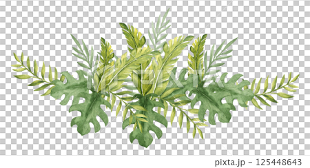 Tropical Leaves horizontal Composition. Eucalyptus, Banana Palm and Monstera Watercolor Bouquet. Hand drawn botanical illustration isolated on white background. For cards, invitations, posters and 125448643