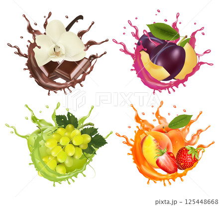 Set of fruits and berries in juice splashes. Grape, peach,  strawberry, plum, vanilla, chocolate, plum in juice drink splashing. Vector 125448668