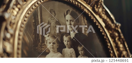 An antique oval gold frame with a sepia toned photograph of a mother with her three children. 125448691