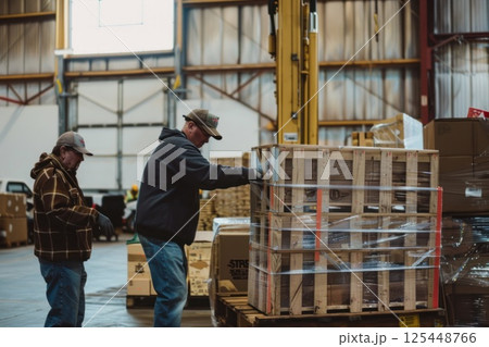 Two warehouse workers loading a pallet of boxes. 125448766