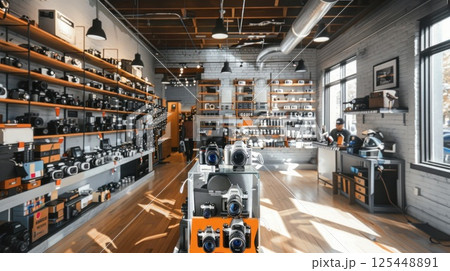 A well-stocked camera store with shelves full of cameras and lenses. 125448891