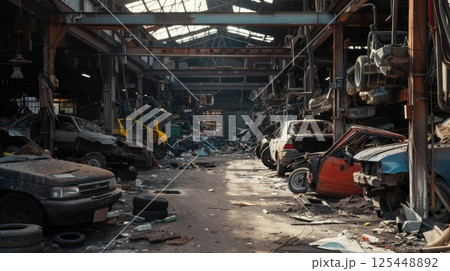 An abandoned warehouse filled with wrecked cars and debris. 125448892
