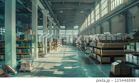 Sunbeams illuminate a large warehouse filled with shelves of books. 125448899