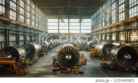 Rows of large jet engines are lined up in a factory hangar, with sunlight streaming in through the windows. 125448901