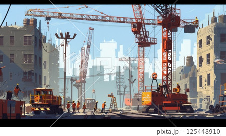 Construction workers and machinery on a busy city street, with cranes and unfinished buildings in the background. 125448910