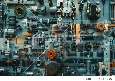 A close-up of a wall covered in various industrial tools and machine parts. 125448950