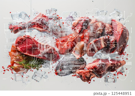 Fresh cuts of meat covered in ice and spices. 125448951