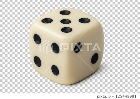 Classic Six-Sided Die With Black Dots Resting on a Flat Surface 125448991