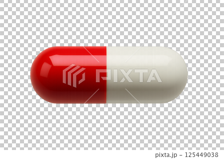 Bright Red and White Capsule Resting on a Surface Viewed From a Top Angle in Detailed Focus 125449038