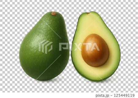 Fresh Avocado Sliced in Half Revealing Seed and Vibrant Green Flesh on White Background 125449119