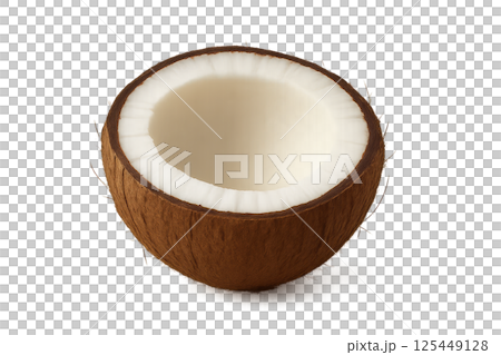 Coconut Shell Halved Showcasing Smooth Inner Flesh and Textured Brown Outer Layer 125449128