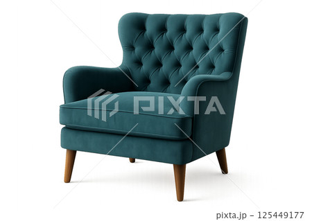 Elegant Tufted Armchair in Teal Fabric With Wooden Legs in a Minimalist Setting Elegant Tufted Armchair in Teal Fabric With Wooden Legs in a Minimalist Setting 125449177
