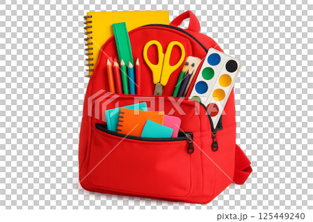 Backpack Filled With School Supplies Including Notebooks, Scissors, and Colored Pencils at Home Backpack Filled With School Supplies Including Notebooks, Scissors, and Colored Pencils at Home 125449240