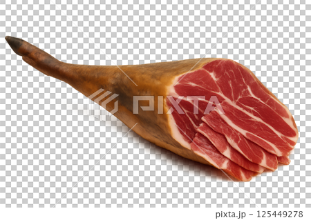High-quality Cured Ham Leg With Slices Showcasing Rich Color and Texture on a White Background 125449278