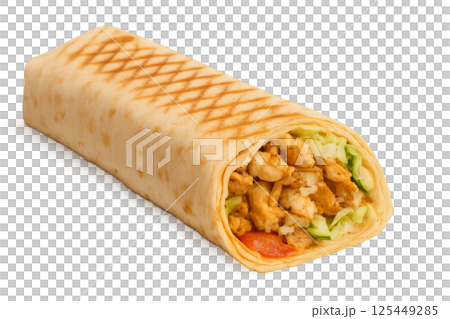 Delicious Wrap With Chicken and Fresh Vegetables Served on a Clean White Background 125449285