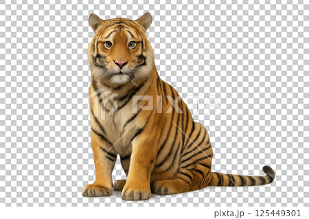 Majestic Tiger Sitting Calmly on White Background Showcasing Vivid Orange and Black Stripes 125449301