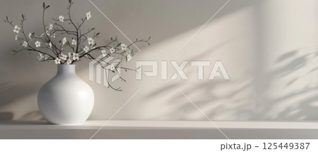 White vase with cherry blossoms on a white shelf. 125449387