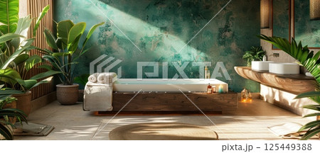 Modern bathroom with a freestanding bathtub, wooden platform, and green wall. 125449388