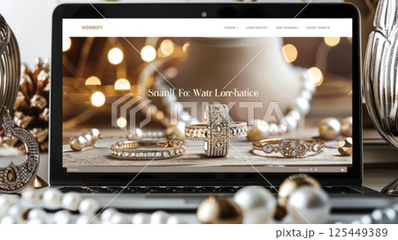 Laptop screen displaying a website for jewelry with a blurred background of pearls, a pinecone, and a gold ornament. 125449389