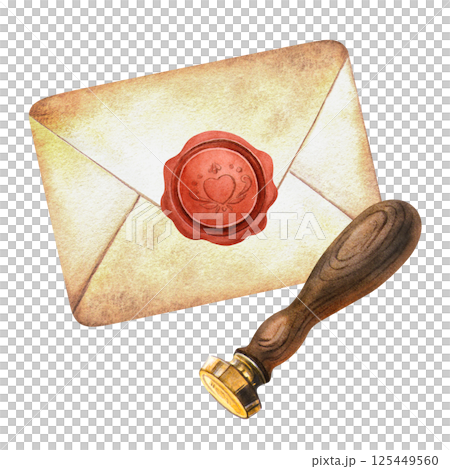 Vintage envelope with wax seal and wooden stamp tool. Watercolor composition with old letter. Ideal for romantic print, antique design, craft and handmade decor, postcards, stickers, scrapbooking Vintage envelope with wax seal and wooden stamp tool. Watercolor composition with old letter. Ideal for romantic print, antique design, craft and handmade decor, postcards, stickers, scrapbooking 125449560