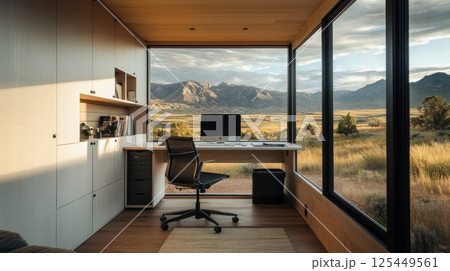 Modern minimalist home office with mountain view. (1) Modern minimalist home office with mountain view. (1) 125449561