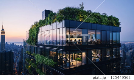 Modern green rooftop office building at sunset, city skyline view. Modern green rooftop office building at sunset, city skyline view. 125449562